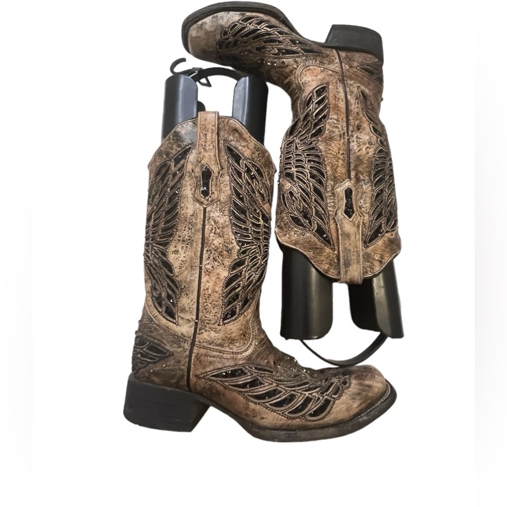 Ladies Corral Brown Leather Sequin Wings Square Toe Western Boots Size 8 M